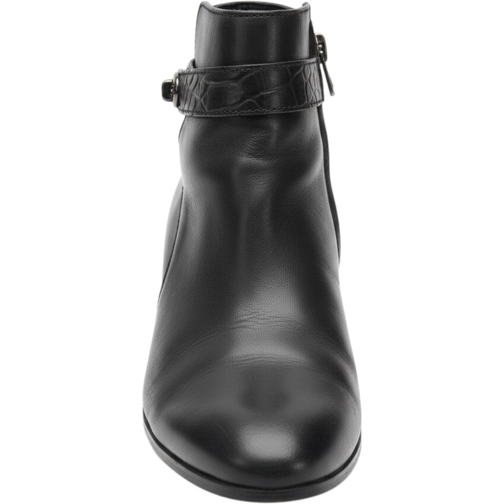 Coach Patricia Black Leather Ankle Boots Croc Embossed Buckle 9.5B Subtle Luxe